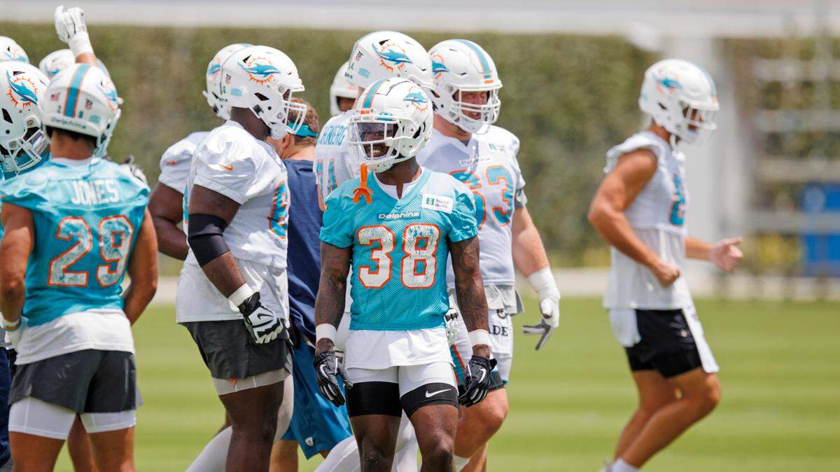 Miami Dolphins cornerback Kader Kohou (38) looks on during NFL football training camp at Baptist Health Training Complex in Hard Rock Stadium on Thursday, September 1, 2022 in Miami Gardens, Florida.