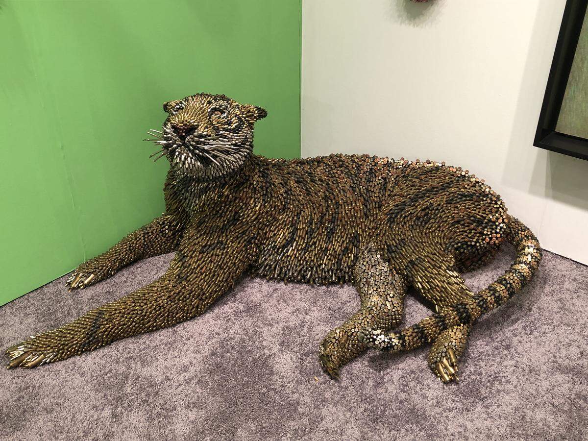 Frederico Uribe’s Siberian tiger made of bullets at Adelson Gallery booth at Art Miami.