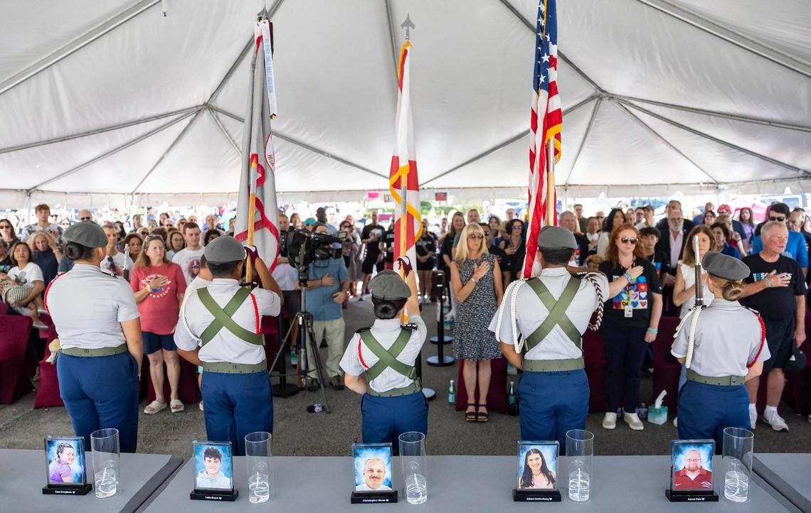 The Marjory Stoneman Douglas High School Army JROTC Eagles Battalion presents the colors during the ‘Forever in Our Hearts’ commemoration event outside of the Eagles’ Haven Wellness Center on Friday, Feb. 14, 2025, in Coral Springs, Fla. The event aims to honor the 17 lives lost during the Marjory Stoneman Douglas High School shooting in 2018 and their families.