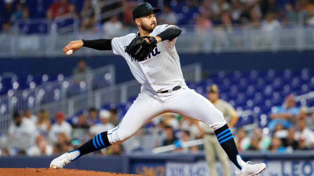 Miami Marlins starting pitcher Pablo Lopez (49) pitches during the second inning of a baseball game against the San Diego Padres at LoanDepot Park on Wednesday, August 17, 2022 in Miami, Florida.
