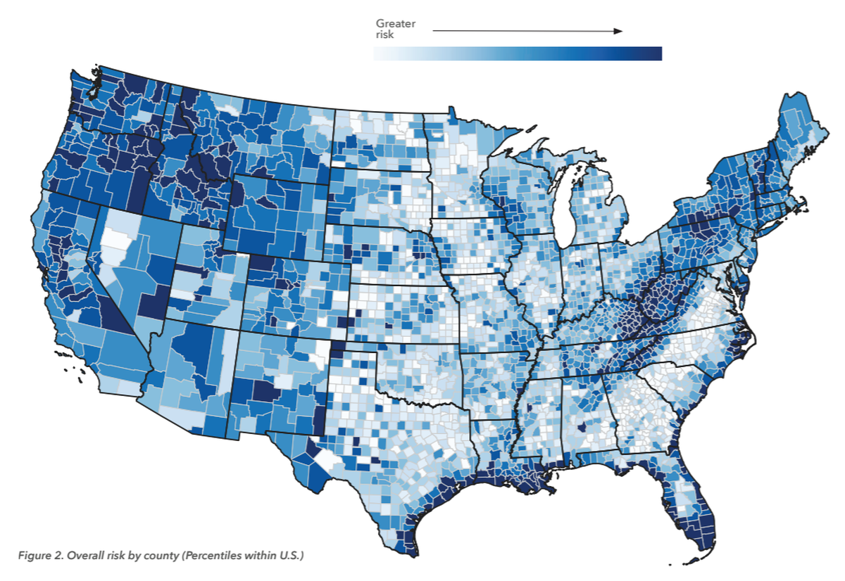 Overall flooding risk by county in the U.S. by percentile