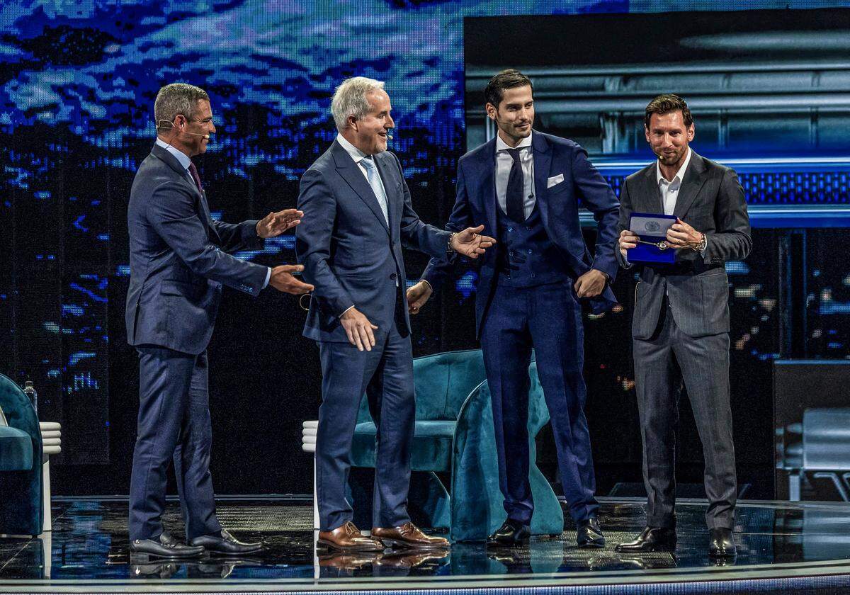 From left-City of Miami Mayor Francis Suarez invited Jorge Mas, Inter Miami owner and Ignacio Gonzalez, Founder, America Business Forum to the stage as he handed the City of Miami Keys to Lionel Messi, World Soccer Champion, during the America Business Forum, inaugural U.S. edition, taking place November 5–6 at the Kaseya Center in Miami, on Wednesday November 05, 2025.