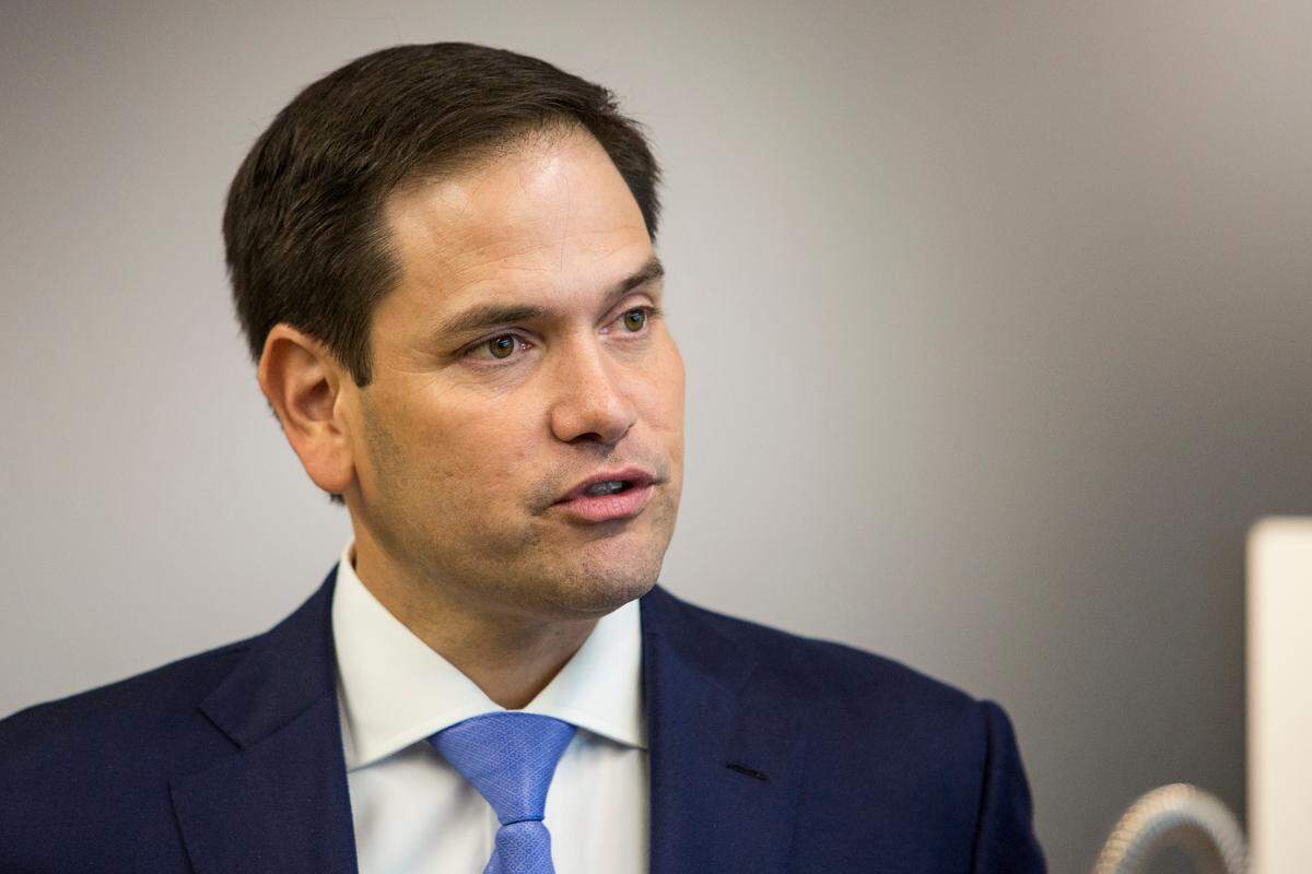U.S. Sen. Marco Rubio speaks to reporters about his support for U.S. Rep. Peter Roskam during a news conference at Elkay Manufacturing in Oak Brook, Ill., Monday, Oct. 29, 2018.
