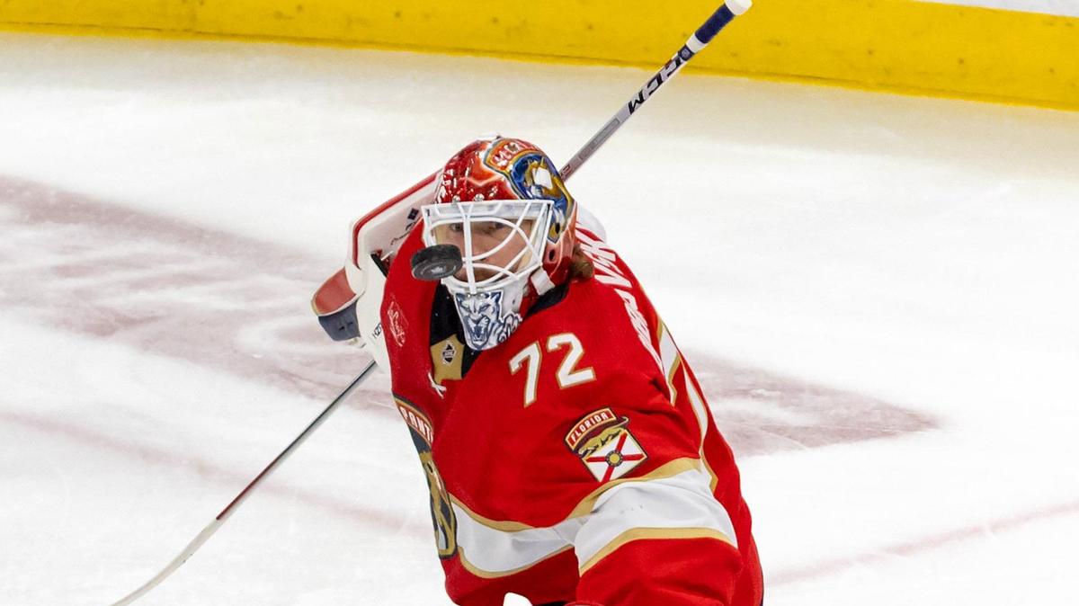 Florida Panthers goaltender Sergei Bobrovsky (72) blocks a shot against the New York Rangers In the first period of Game 6 during the Eastern Conference finals of the NHL hockey Stanley Cup playoffs at the Amerant Bank Arena on Saturday, June 1, 2024, in Sunrise, Fla.