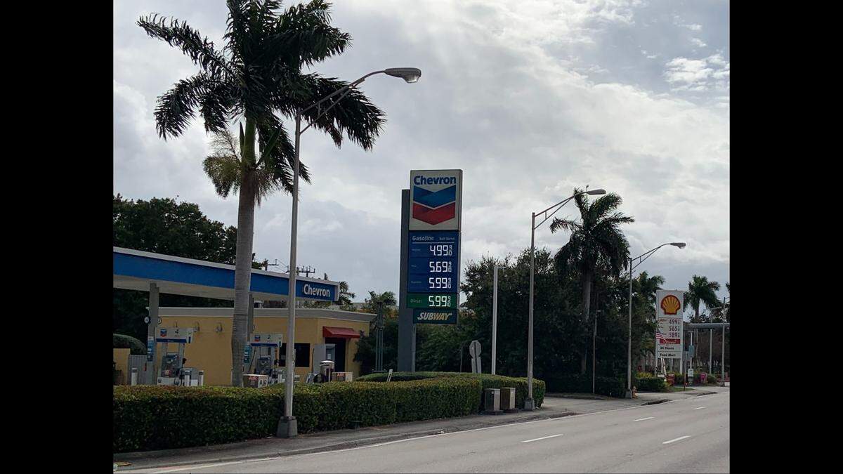 The Chevron at 2545 NW 42nd Ave. and the Shell next door, 2501 NW 42nd Ave., charge $4.99 per gallon for regular gas, Saturday, Dec. 28, 2024. The two stations are the closest to the Miami International Airport rental car return.