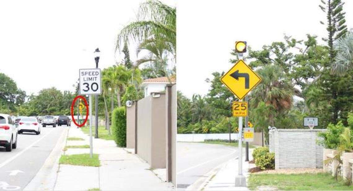 The 30 mph speed limit sign and the sign recommending the curve be taken at no more than 25 mph. The NTSB report says, as the Tesla approached the curve, driver Barrett Riley had the car at 112 mph.