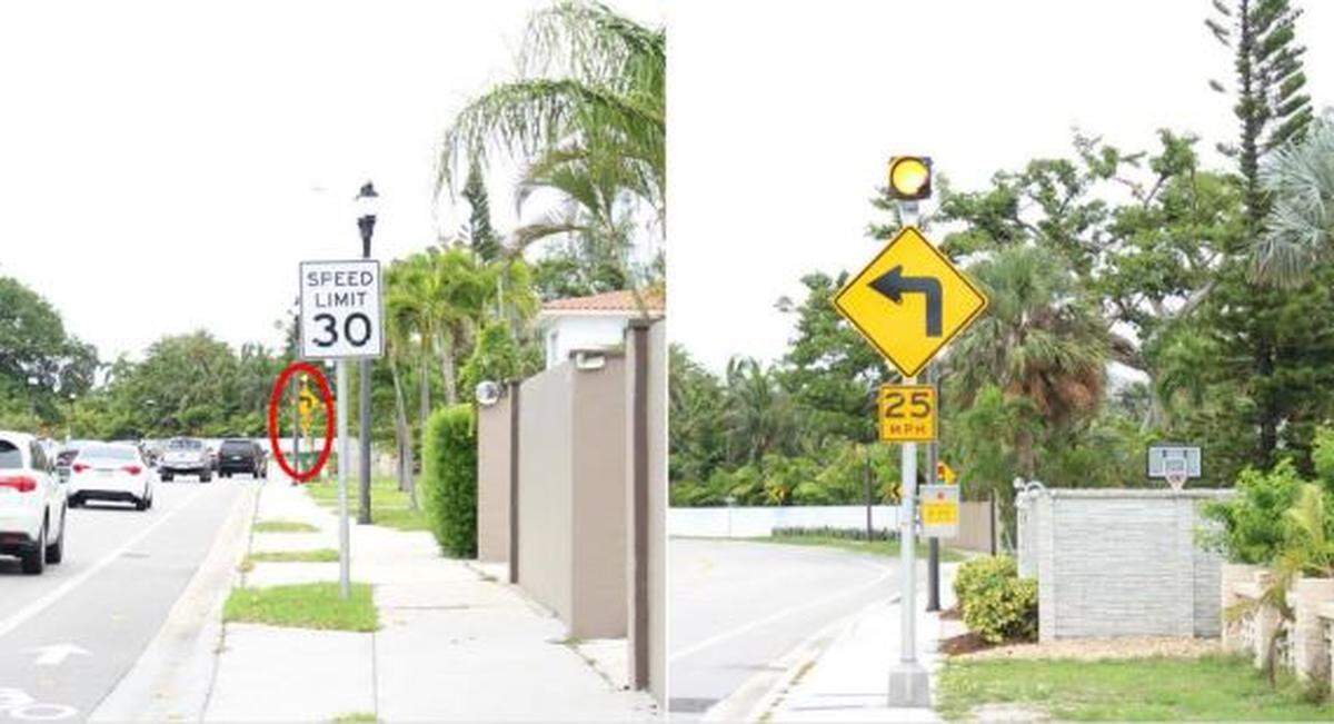 The 30 mph speed limit sign and the sign recommending the curve be taken at no more than 25 mph. The NTSB report says, as the Tesla approached the curve, driver Barrett Riley had the car at 112 mph.