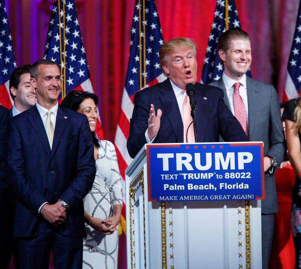 Republican presidential candidate Donald Trump speaks at Mar-a-Lago after winning Florida’s primary election at on March 15, 2016.