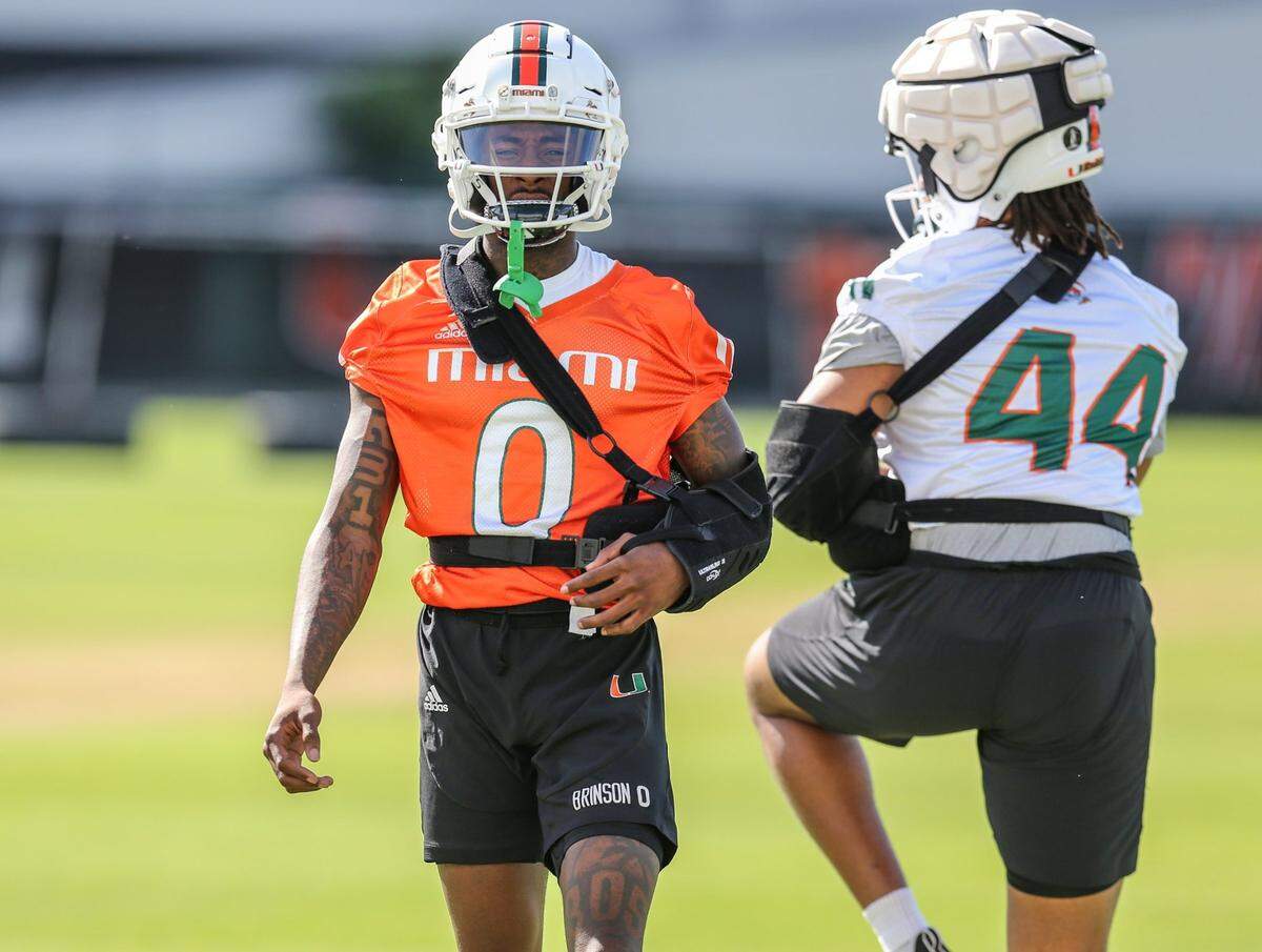 Miami Hurricanes wide receiver Romello Brinson (0) wears a shoulder harness during practice at the University of Miamis Greentree Practice Field in Coral Gables on Wednesday, March 9, 2022.