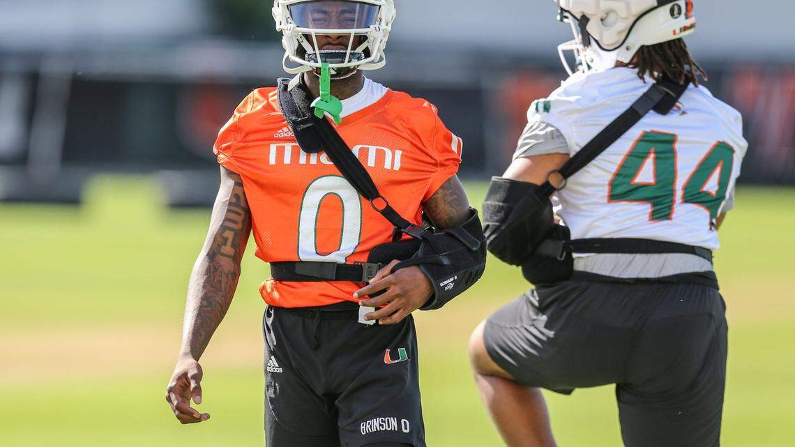 Miami Hurricanes wide receiver Romello Brinson, left, wears a shoulder harness during practice at the University of Miami’s Greentree Practice Field in Coral Gables on Wednesday, March 9, 2022. Rotator cuff injuries in the shoulder can affect your range of motion.