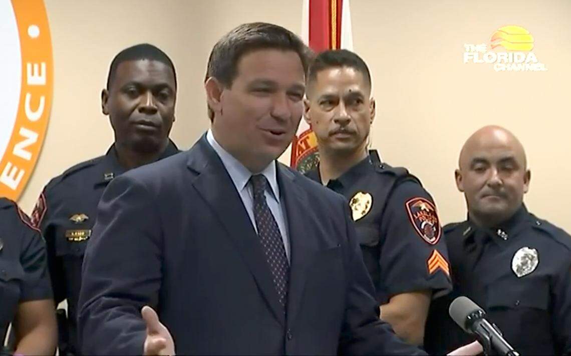 Florida Gov. Ron DeSantis speaks during a press conference to support law enforcement on Thursday, Sept. 9, 2021.