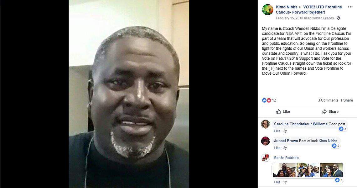 Former Brownsville Middle physical education teacher Wendell Nibbs posted a photo on Facebook promoting United Teachers of Dade’s Frontline caucus. Nibbs at the time was under investigation for groping a fellow teacher.