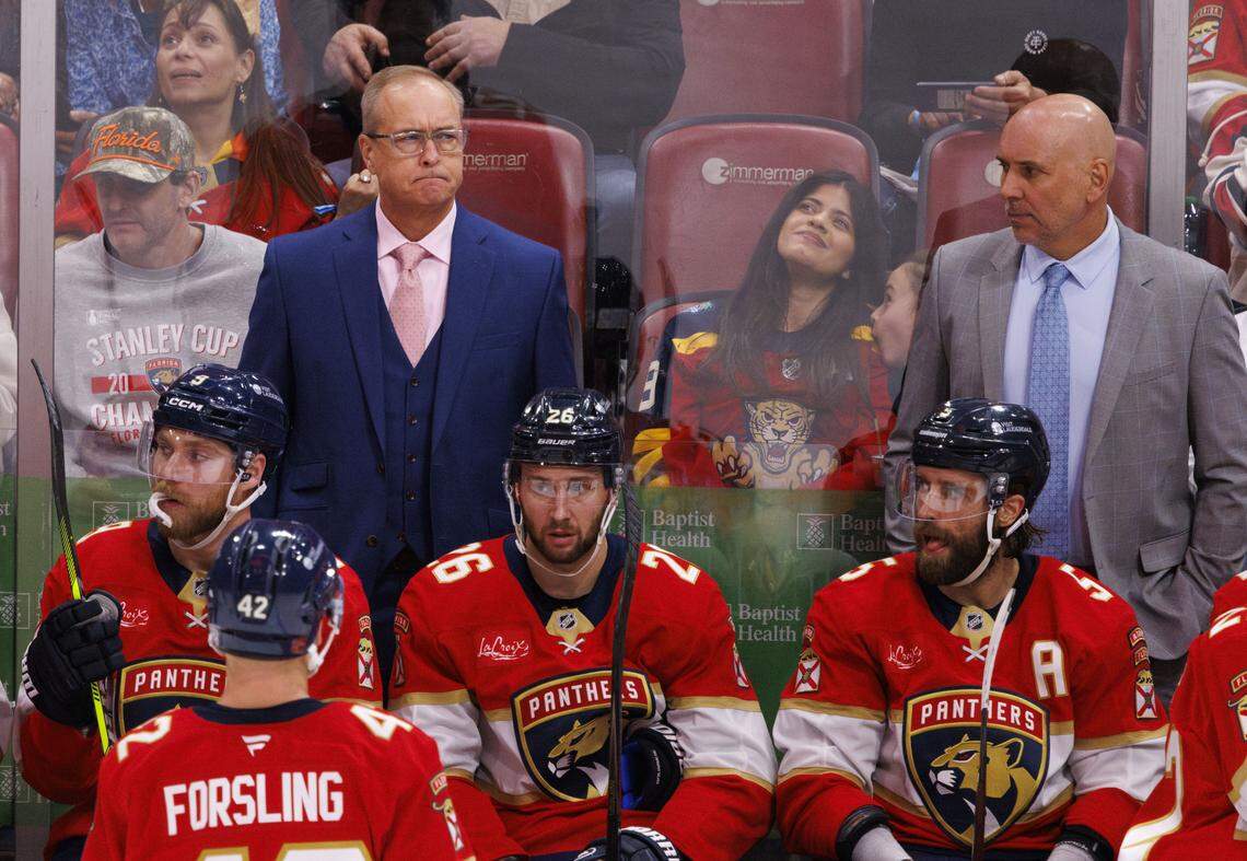 Florida Panthers head coach Paul Maurice looks onto the ice during the third period of a game against the Utah Mammoth on Tuesday, Jan. 27, 2026, at Amerant Bank Arena in Sunrise, Fla. The Utah Mammoth beat the Florida Panthers 4-3.