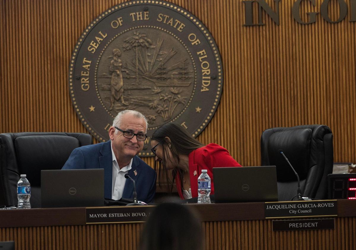 Esteban “Steve” Bovo, mayor of Hialeah at the time, speaks wich Jacqueline Garcia-Roves, the council president, on Feb. 11, 2025. 