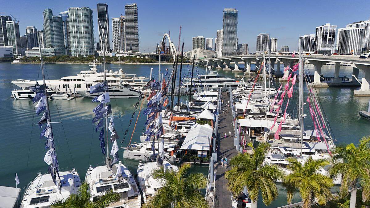 An aerial view at Sailors Cove along MacArthur Causeway during the Miami Beach International Boat Show in Miami Beach, Florida on Thursday, February 12, 2026
