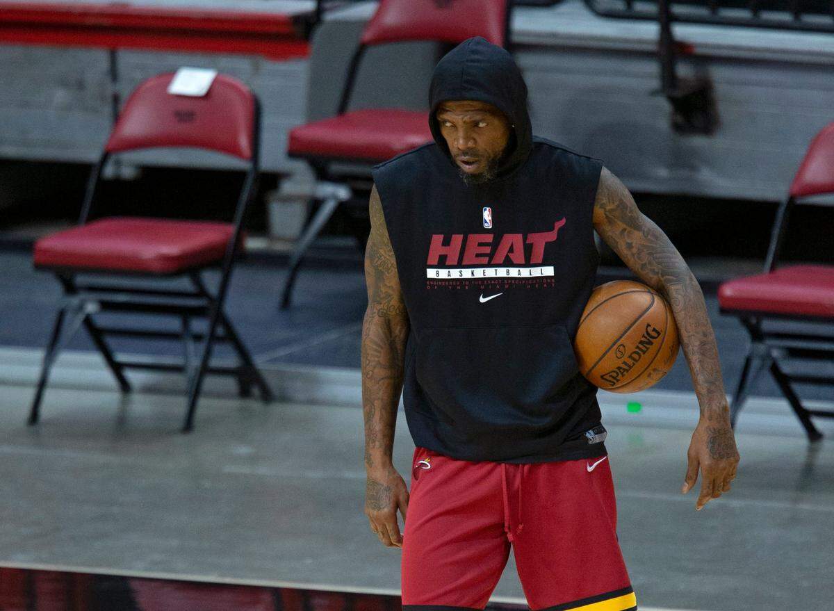 Miami Heat forward Udonis Haslem looks on before the start of a game against the Detroit Pistons at AmericanAirlines Arena on Saturday, January 16, 2021.