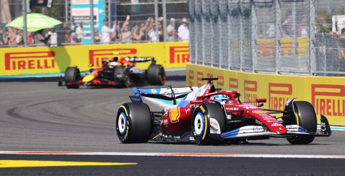 Scuderia Ferrari driver Charles Leclerc of Monaco takes a turn during a Sprint Qualifying session on the first day of the Formula One Miami Grand Prix at the Miami International Autodrome on Friday, May 2, 2025, in Miami Gardens, Fla.