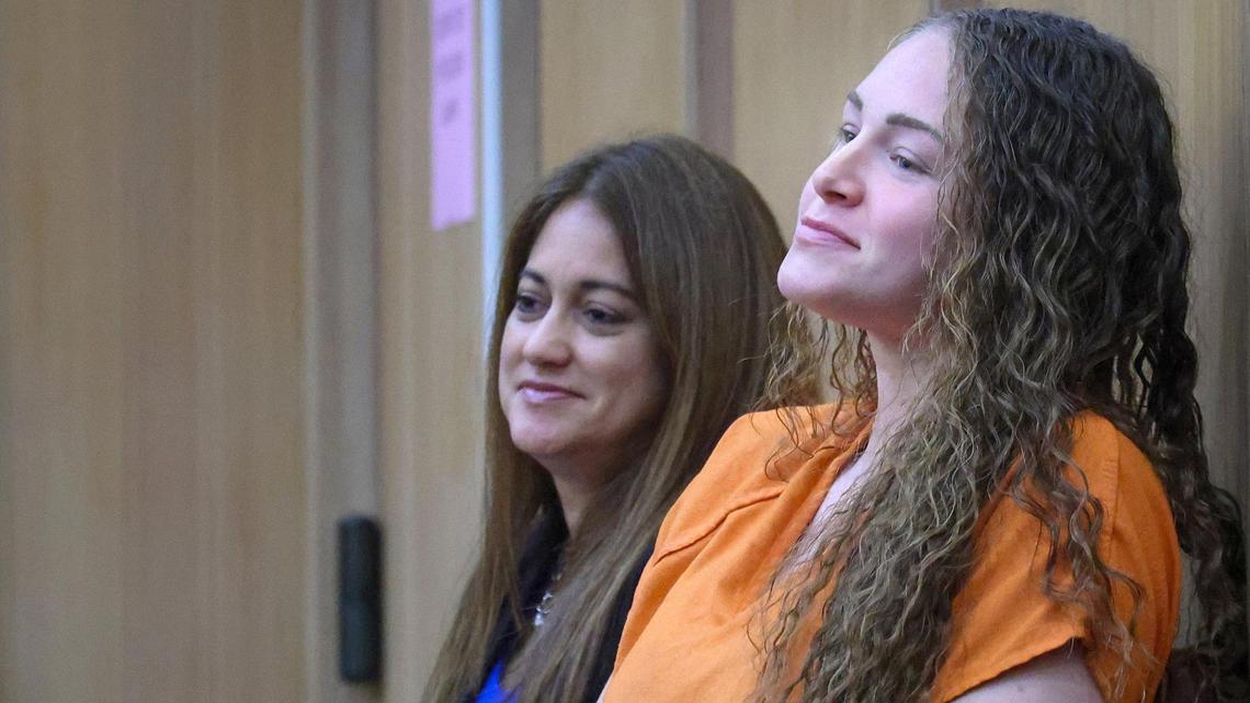 OnlyFans model and murder defendant, Courtney Clenney, right, appears in court as her defense lawyer argued that the Miami-Dade States Attorney’s Office should be disqualified following the exit of the lead prosecutor inside Courtroom 2-5 at the Richard E. Gerstein Justice Building on Thursday, May 22, 2025 in Miami, Florida.