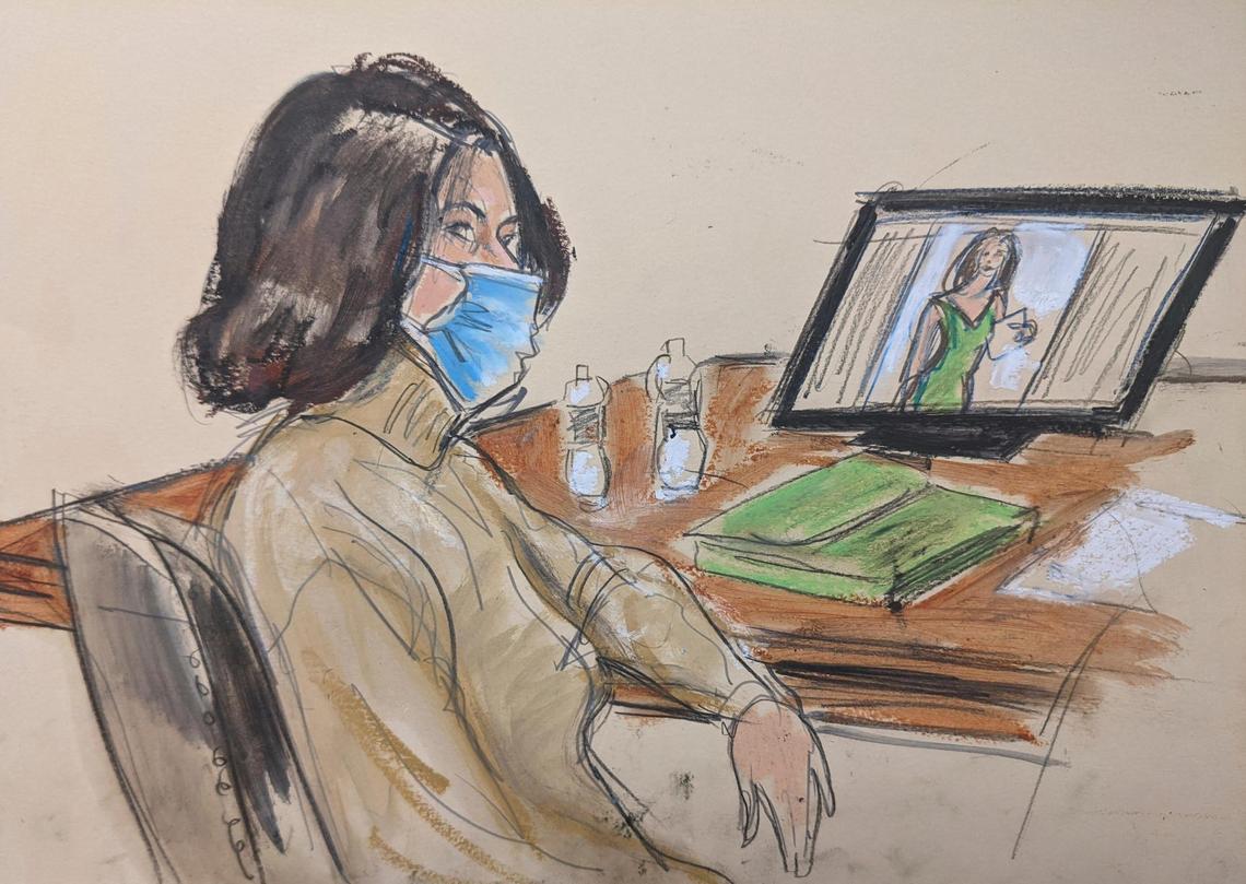 In this courtroom sketch, Ghislaine Maxwell is seated at the defense table while watching testimony.