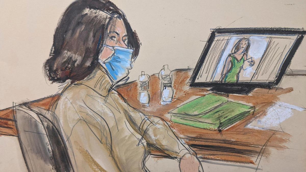 In this courtroom sketch, Ghislaine Maxwell is seated at the defense table while watching testimony of witnesses during her trial, Tuesday, Nov. 30, 2021, in New York.
