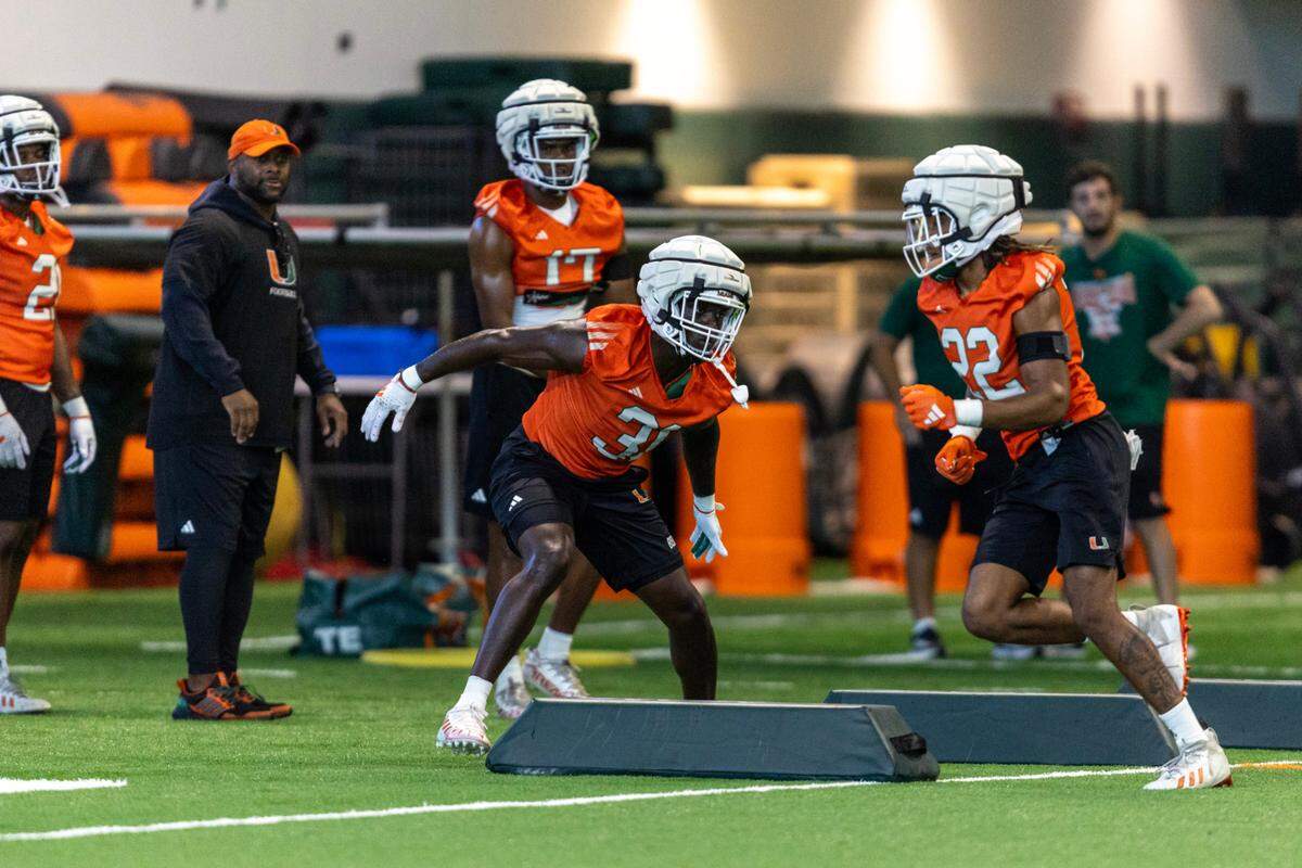 Miami Hurricanes linebacker Wesley Bissainthe (31) runs through drills during practice at the Carol Soffer Indoor Practice Facility on Thursday, August 1, 2024, in Coral Gables, Fla.