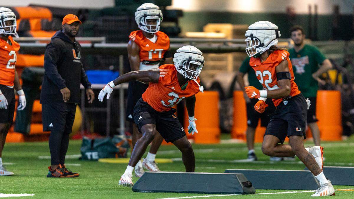 Miami Hurricanes linebacker Wesley Bissainthe (31) runs through drills during practice at the Carol Soffer Indoor Practice Facility on Thursday, August 1, 2024, in Coral Gables, Fla.