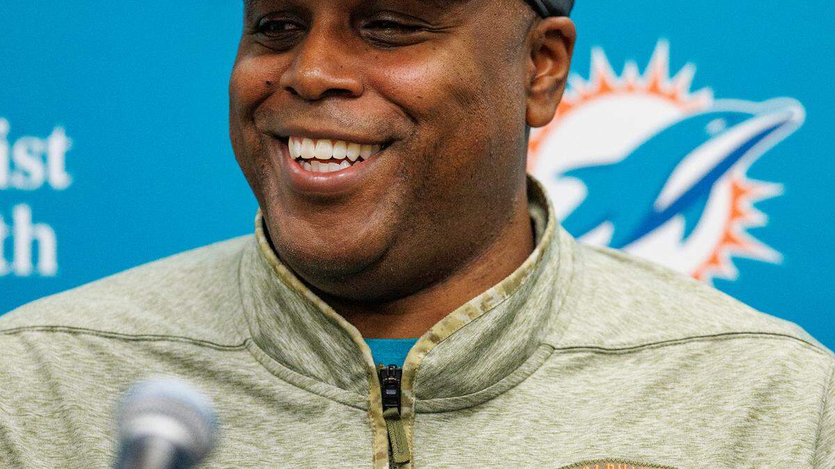 Miami Dolphins general manager Chris Grier speaks during team pre-draft press conference at Baptist Health Training Complex in Hard Rock Stadium on Wednesday, April 19, 2023 in Miami Gardens, Florida.