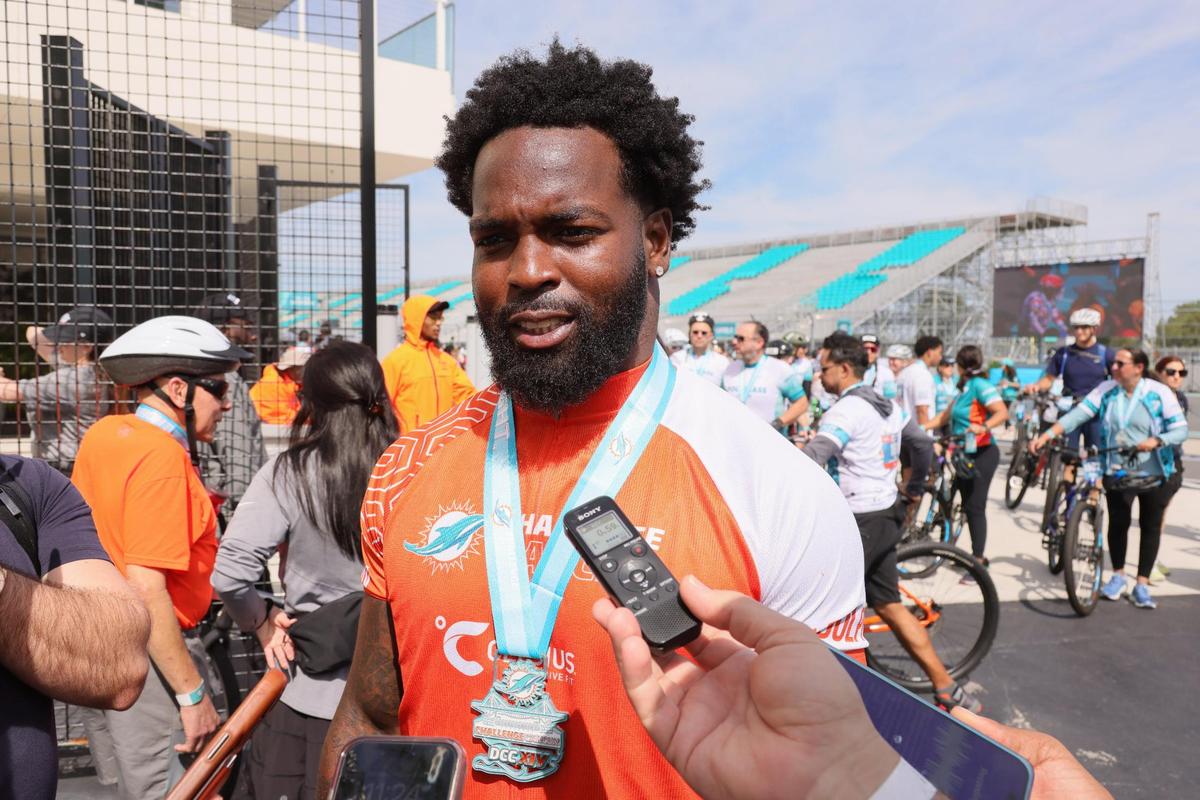 Miami Dolphins linebacker David Long talks to reporters during the Dolphins Challenge Cancer XIV event at Hard Rock Stadium in Miami Gardens, Florida, Saturday, February 24, 2024. The DCC unites the community with 100 percent of participant raised-funds going towards life-saving cancer research at Sylvester Comprehensive Cancer Center.