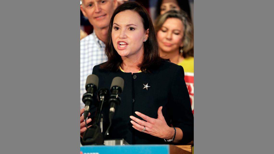 Republican candidate for attorney general Ashley Moody speaks at a rally in Orlando, Sept. 6, 2018.