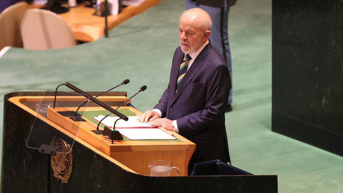 New York, NY - September 24, 2024: Brazilian President Luiz Inacio Lula da Silva addresses world leaders at the United Nations General Assembly in New York City. In his speech, Lula highlighted global inequalities, climate change, and the need for international cooperation on economic reforms.