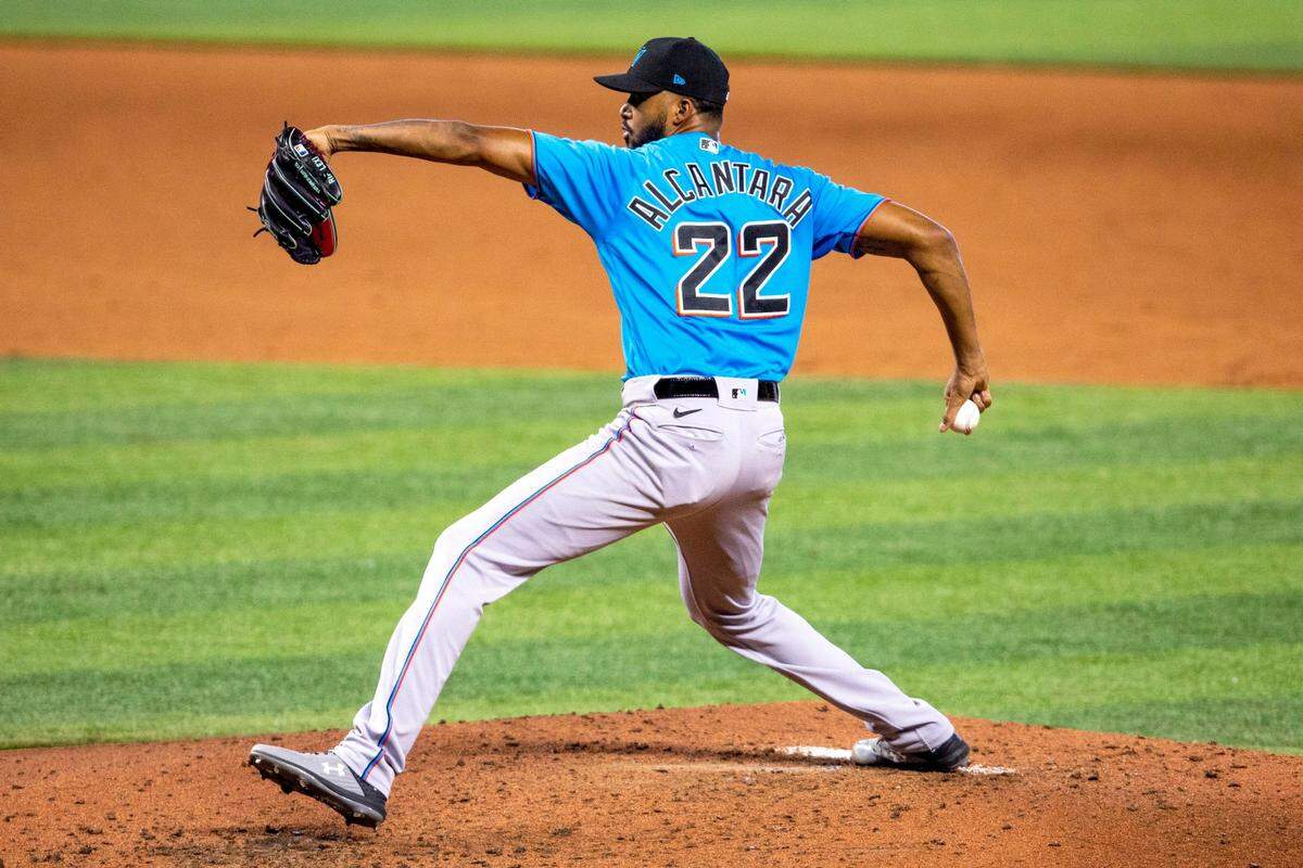 Marlins right-handed pitcher Sandy Alcantara pitches the ball during a intra squad simulated game at Marlins Park in Miami, Florida on Tuesday, July 14, 2020.