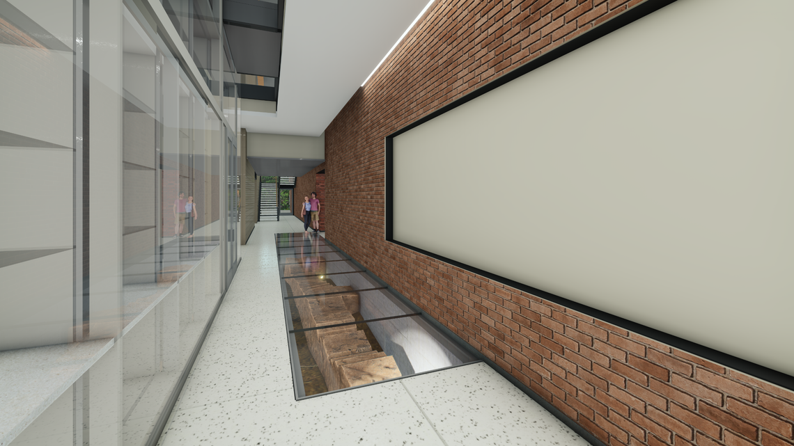 This is an artist’s rendering of what the exposed flooring over the 17th Century foundation will look like in the archaeology center.