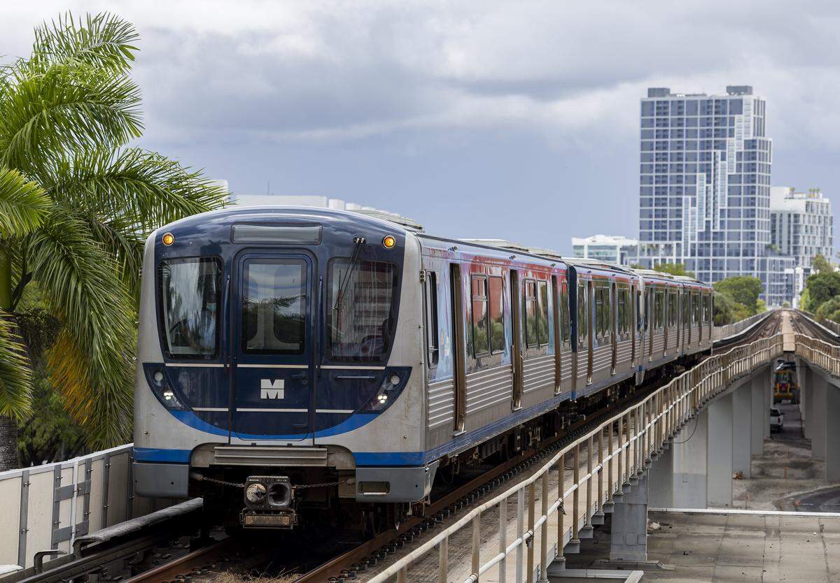 A Metrorail train arrives to the Douglas Road station on Thursday, Aug. 7, 2025, in Miami. 