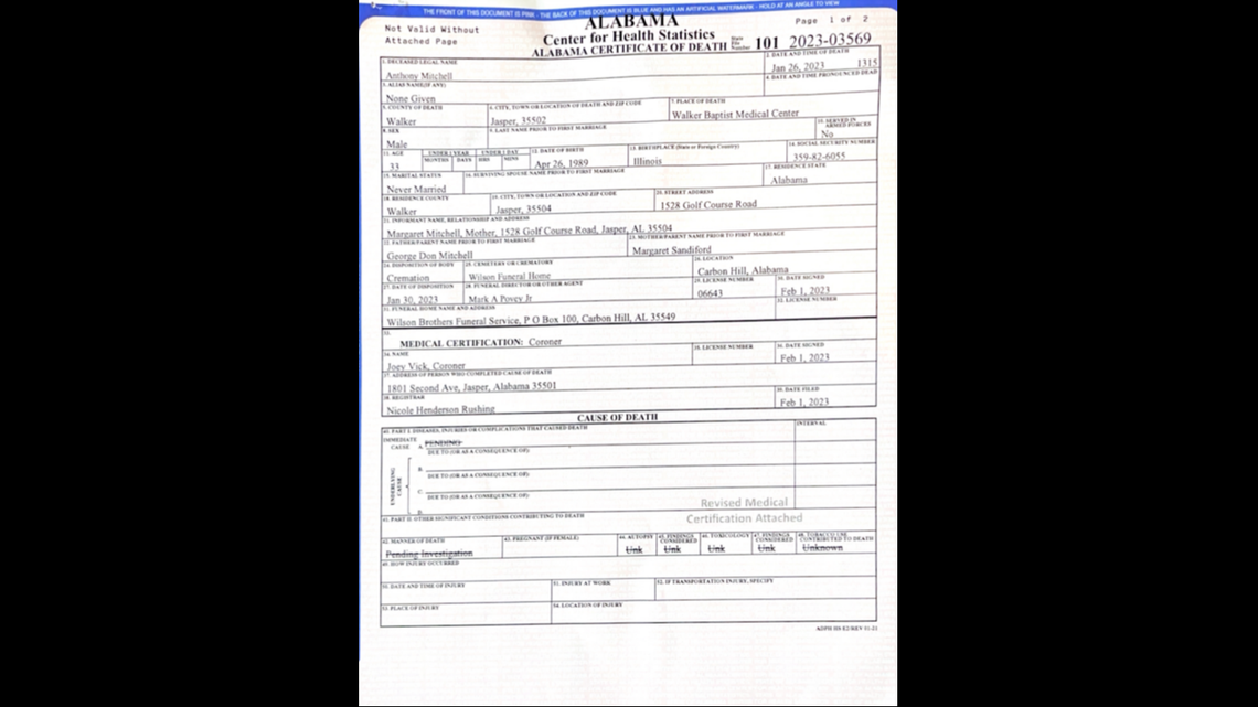 Mitchell’s death certificate.