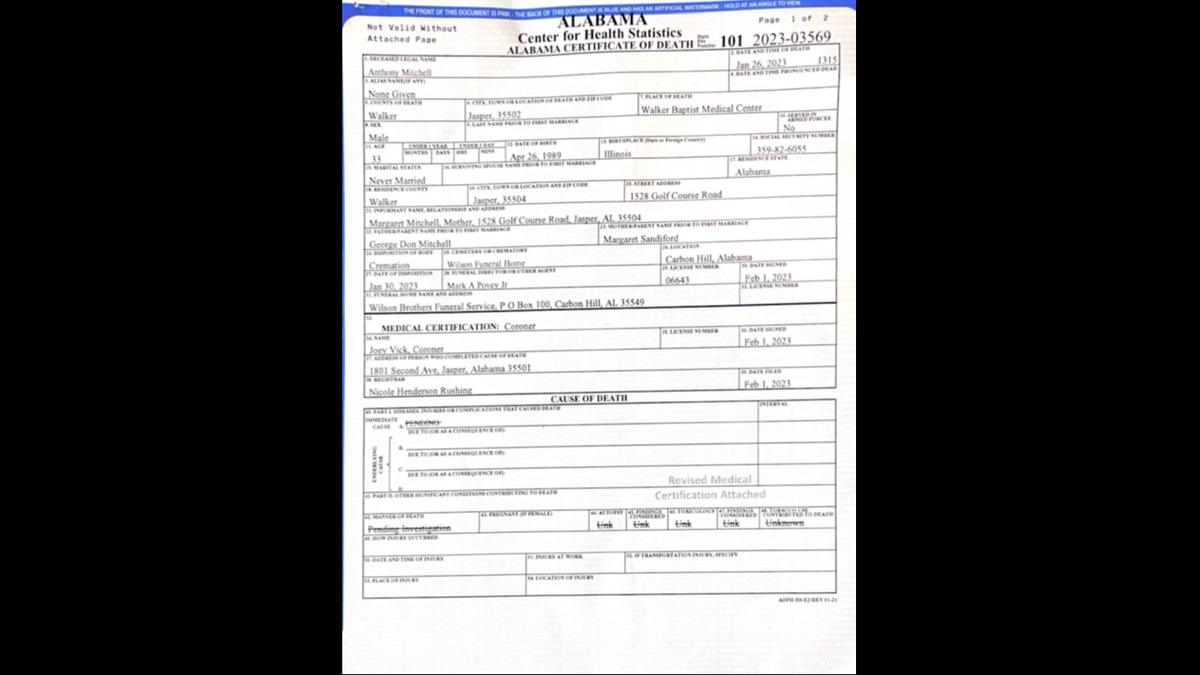 Mitchell’s death certificate.