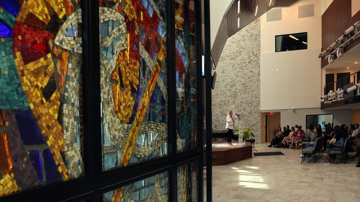 Old stained glass windows now serve as the doors to First United Methodist Church’s sanctuary. In 2018, the church sold its one-acre lot on Biscayne Boulevard for $55 million to a developer planning to redevelop the site.