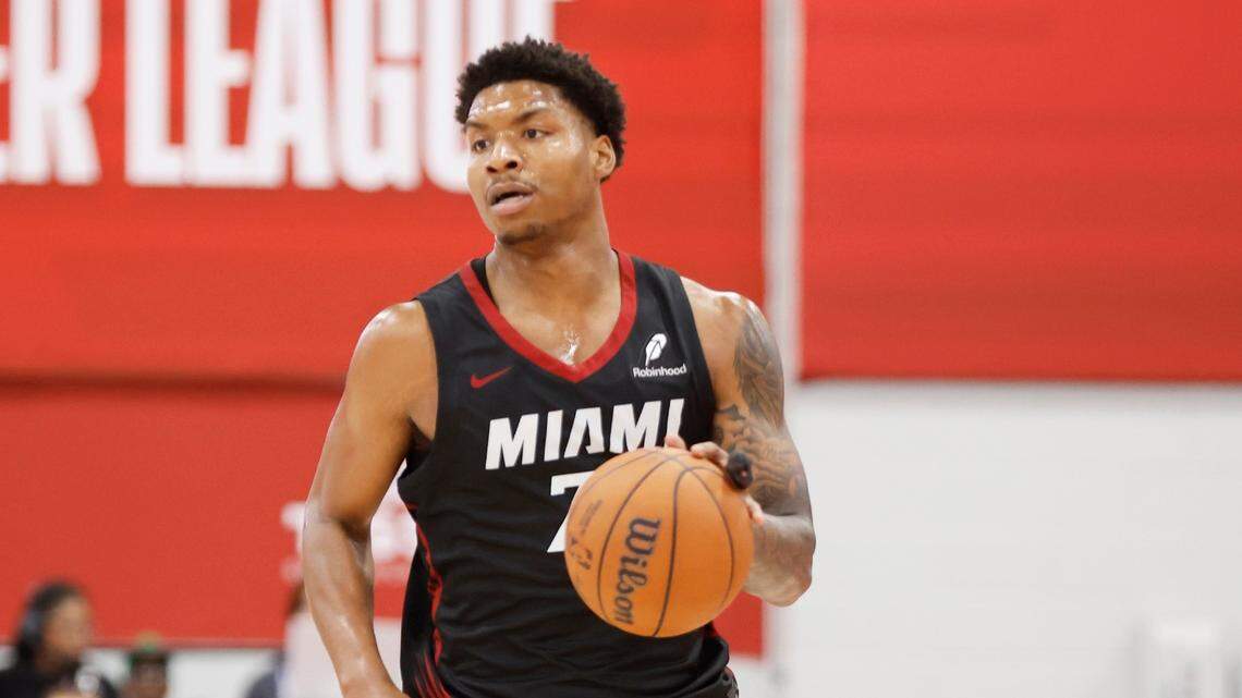 Myron Gardner #75 of the Miami Heat drives to the basket during the game against the Milwaukee Bucks during the 2025 NBA Summer League game on July 18, 2025 at the Pavilion in Las Vegas, Nevada.