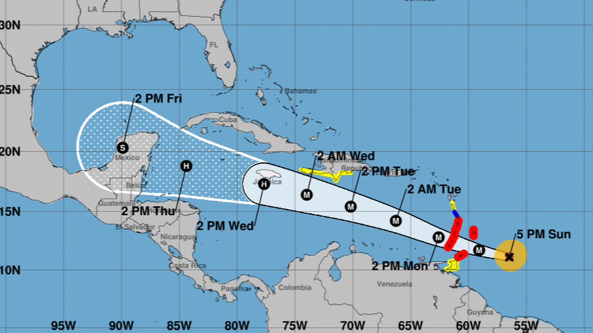 The projected path of Hurricane Beryl as of 5 p.m. Sunday.