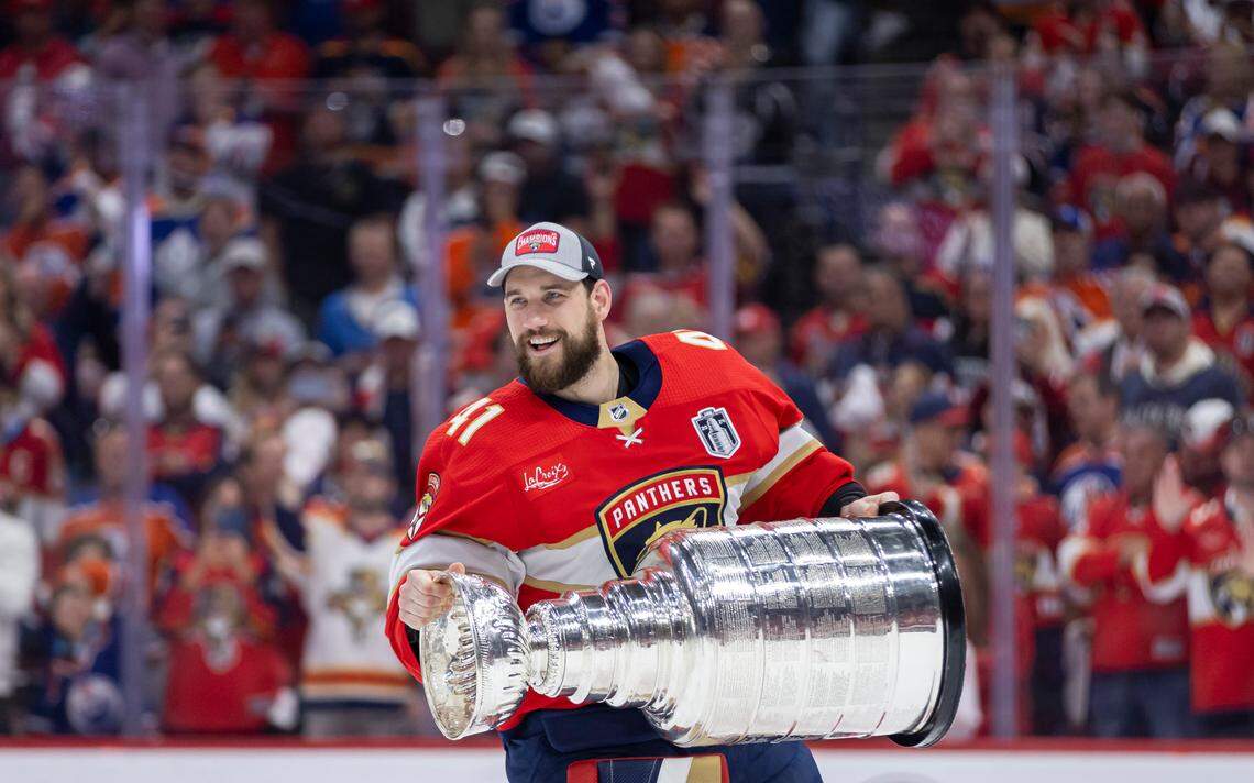 Florida Panthers goaltender Anthony Stolarz (41) skates with the Stanley Cup after defeating the Edmonton Oilers in Game 7 of the Stanley Cup Final at Amerant Bank Arena on Monday, June 24, 2024, in Sunrise, Fla.