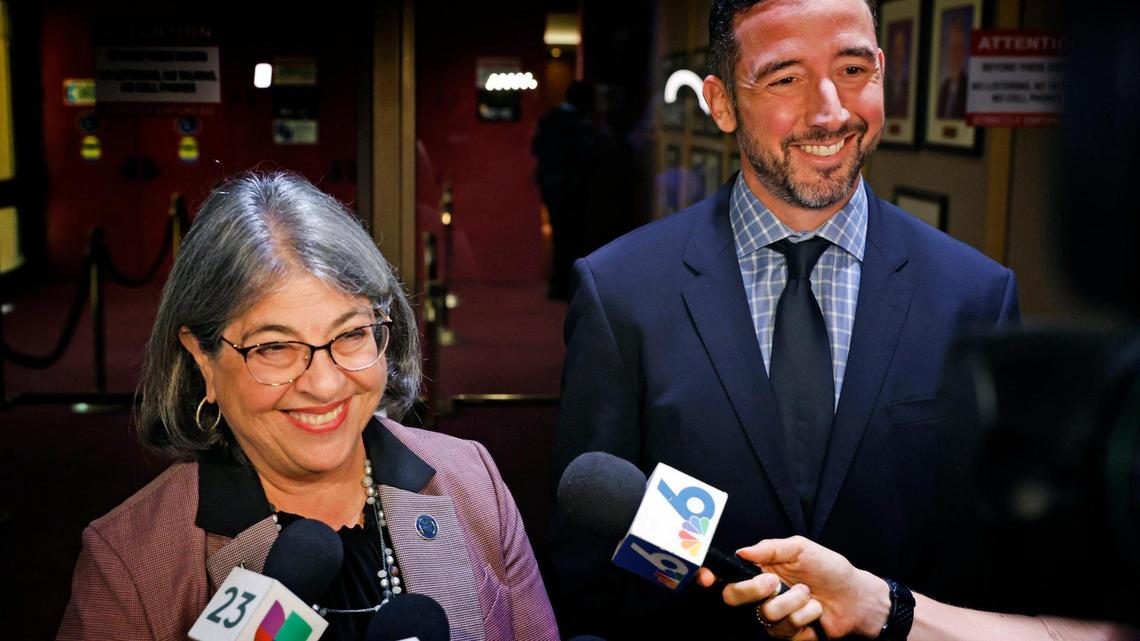 Miami-Dade Mayor Daniella Levine Cava and Xavier Gonzalez, Executive Vice President, Marketing Communications at Kaseya, speak to reporters after Miami-Dade commissioners approved the renaming of Miami-Dade Arena as the Kaseya Center after a Miami-based software firm at the Miami-Dade commission chambers in Miami on Tuesday, April 4, 2023.
