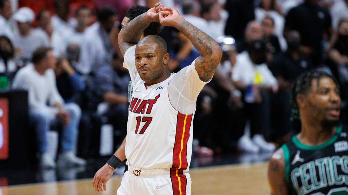 Miami Heat forward P.J. Tucker (17) reacts after a play against the Boston Celtics during the third quarter of Game 5 of the NBA Eastern Conference Finals series at FTX Arena in Miami on May 25, 2022.