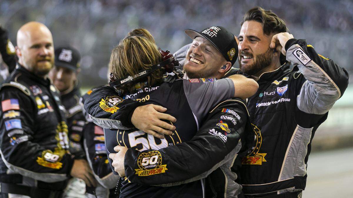 Tyler Reddick (2) pit crew members celebrate after winning the Nascar Xfinity Series Ford EcoBoost 300 in Homestead, Florida on Saturday, Nov. 16, 2019.