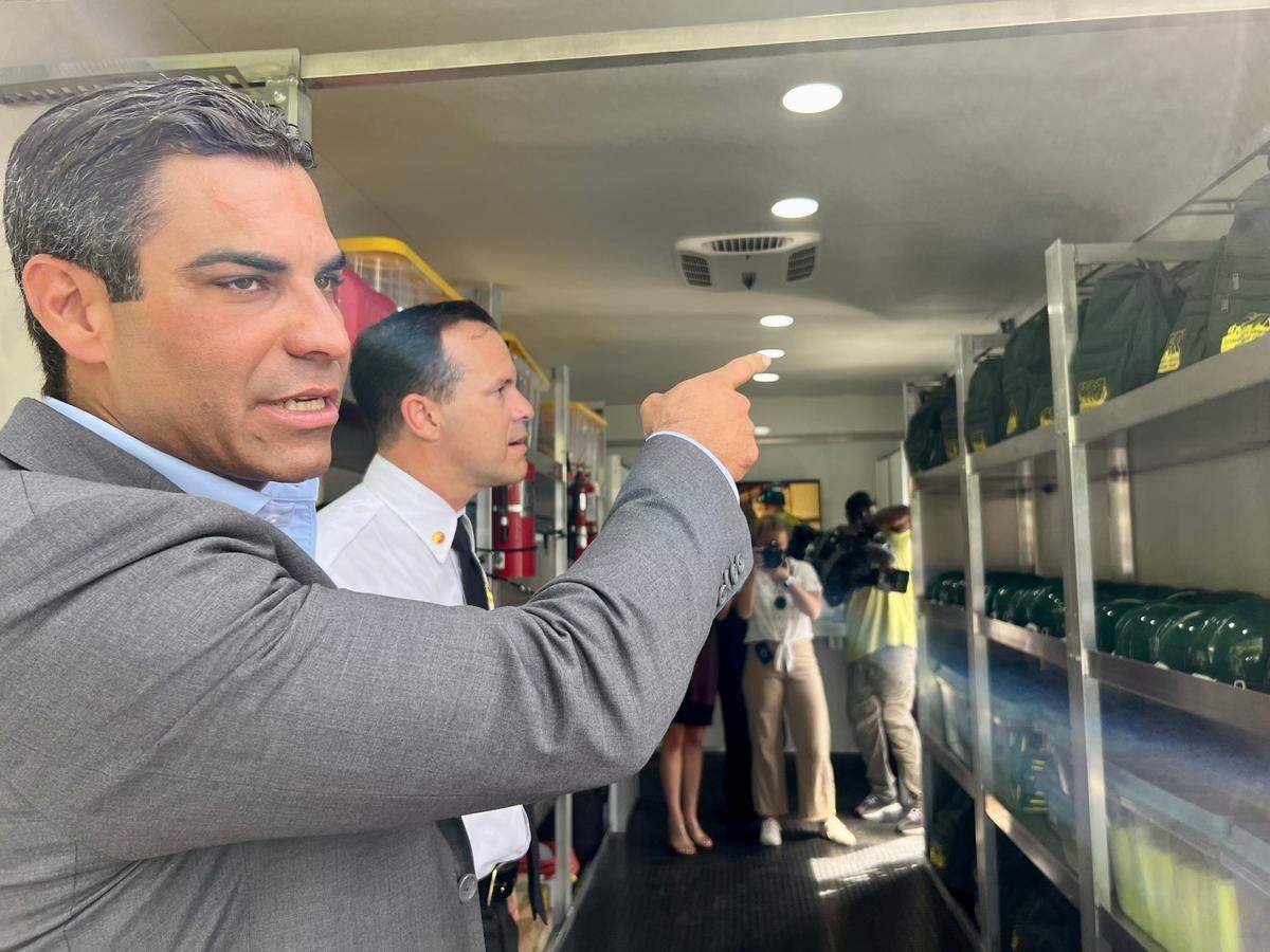 Miami Mayor Francis Suarez points to supplies purchased for the city’s relaunched Community Emergency Response Team (CERT) during a press event Thursday, June 9, 2022.