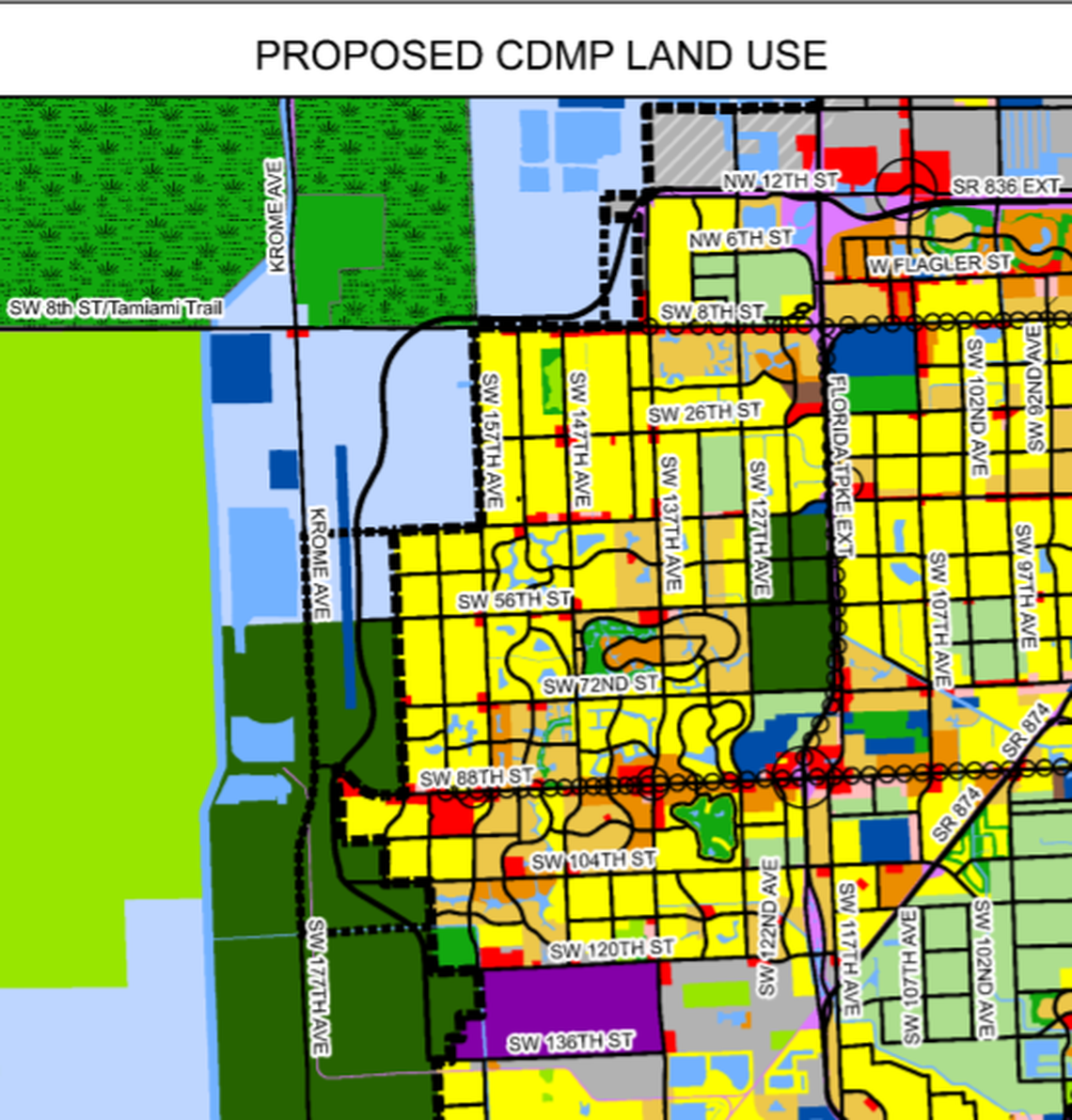 The proposed route for the 836/Dolphin Expressway extension included in the application scheduled for a vote Thursday jogs further west. Source: Miami-Dade County
