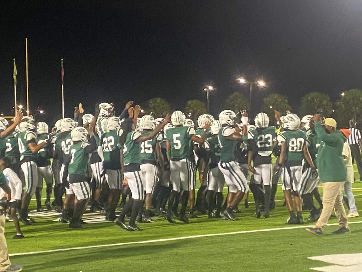 Miami Central players celebrate after a 41-0 win over Miami Southridge on Thursday night at Traz Powell Stadium in Miami.