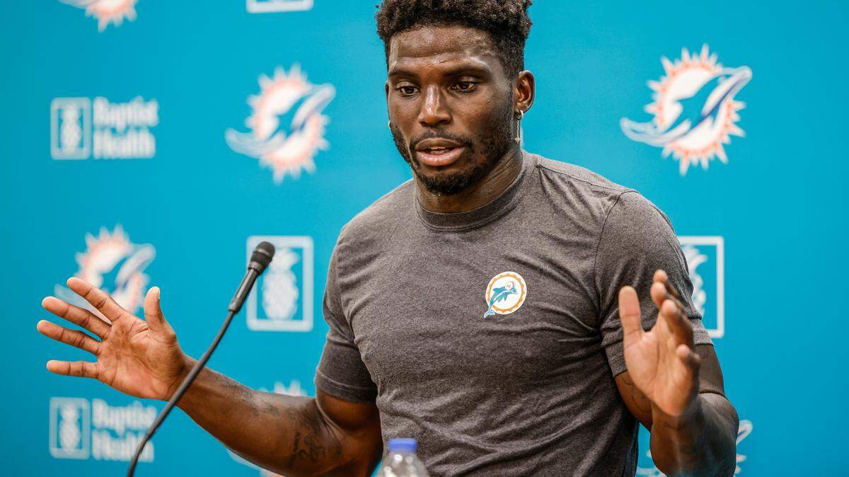 Miami Dolphins wide receiver Tyreek Hill (10) speaks to reporters at Baptist Health Training Complex in Miami Gardens, FL. on Monday, July 23, 2024.