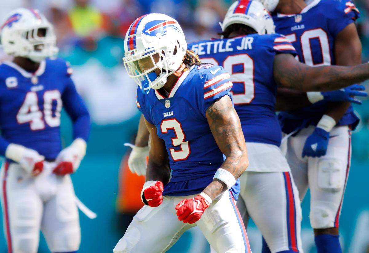 Buffalo Bills safety Damar Hamlin (3) reacts after sacking Miami Dolphins quarterback Tua Tagovailoa (1) during the fourth quarter of an NFL football game at Hard Rock Stadium on Sunday, September 25, 2022 in Miami Gardens, Florida.