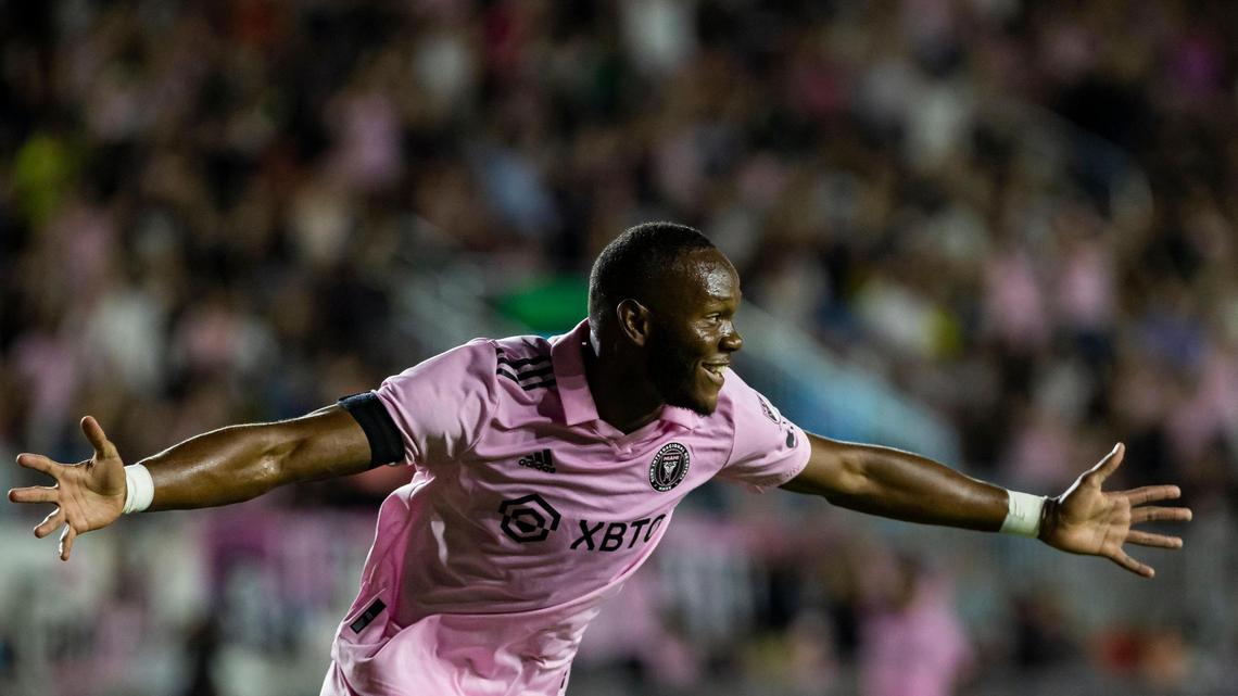 Inter Miami forward Shanyder Borgelin (49) celebrates after scoring a goal against CF Montréal during the second half of their MLS match at DRV PNK Stadium on Saturday, Feb. 25, 2023, in Fort Lauderdale, Fla.