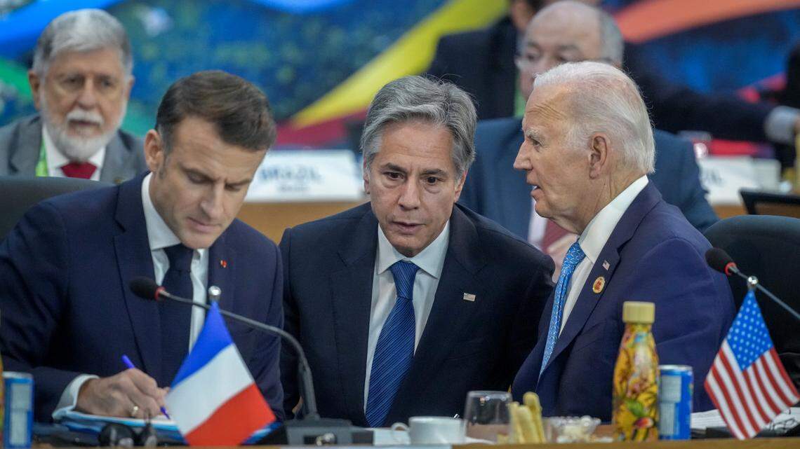French President Emmanuel Macron (l-r), Anthony Blinken, US Secretary of State, and US President Joe Biden take part in the first working session at the G20 summit in Brazil. n. Photo: Kay Nietfeld/dpa/Sipa USA