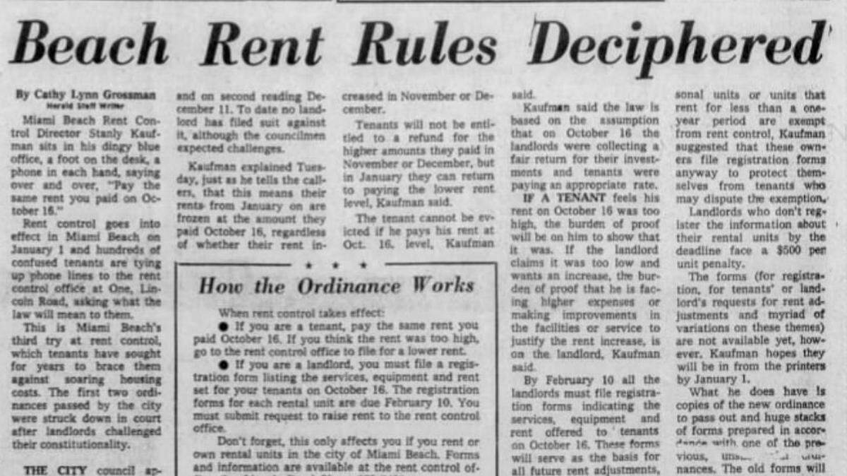 A Dec. 25, 1974 article by the Miami Herald explaining the new rent-control rules in Miami Beach. By 1977, a Florida law had weakened local governments’ abilities to regulate rents. Miami-Dade County Commissioner Kionne McGhee wants to revive rent controls on a countywide basis, with his proposal scheduled for a hearing on Thursday, March 10, 2022.